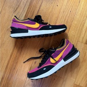 Nike Waffle Ones in Active Fuschia with Yellow Orange and Black Accents